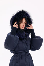 Genuine Fox Fur Trim Down Coat in Royal Blue