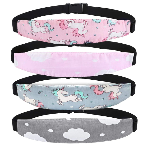 4 Pieces Baby Head Support for Car. Cute Pattern Car Seat Head Holder for Toddler. Stroller Seat Sleeping Headrest Band with Adjustable Buckle. Universal Kids Car Accessories (Pink+Grey)
