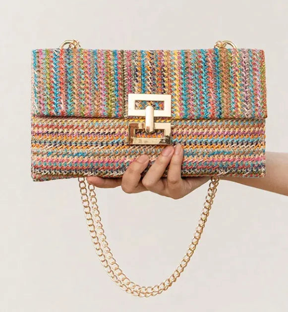 Women's Chain Flap Screw Lock Straw Bag CosmikCart