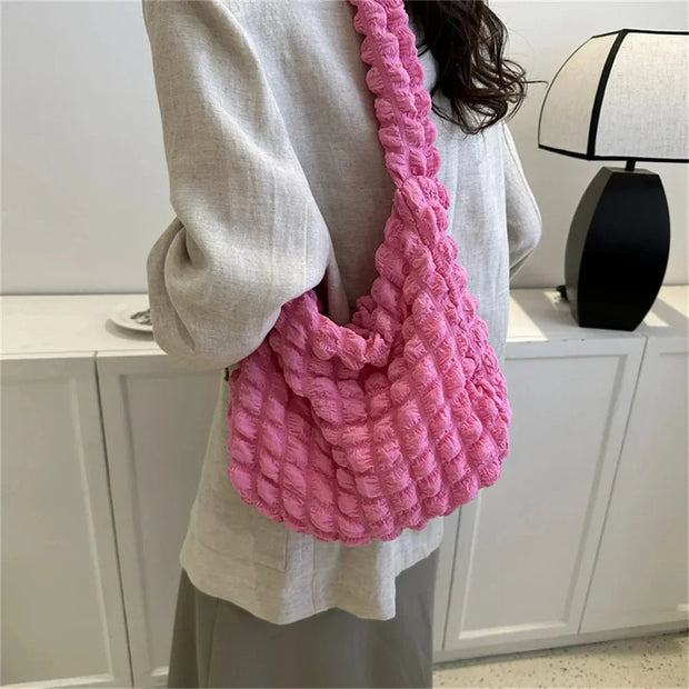 Crossbody Bag with Pleated Design | Embroidered Plaid Shoulder Bag & Simple Large Capacity Quilted Tote Bags for Women