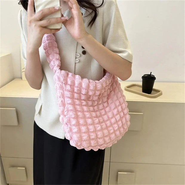 Crossbody Bag with Pleated Design | Embroidered Plaid Shoulder Bag & Simple Large Capacity Quilted Tote Bags for Women