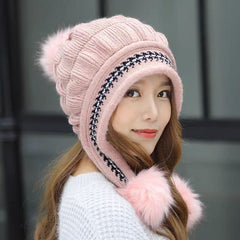 Cozy Knit Fleece-Feel Beanie With Ear Flaps & Pompom Warm Winter Hat For Women Perfect For Skiing & Outdoor Activities CosmikCart