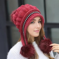 Cozy Knit Fleece-Feel Beanie With Ear Flaps & Pompom Warm Winter Hat For Women Perfect For Skiing & Outdoor Activities CosmikCart