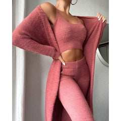 Cozy Pajama Set, 3 Piece Lounge Set, Cute Loungewear, Warm Suit Sets, Matching Set, Lounge Set, 3 Piece Pant Sets, Women Winter DressCozy Pajama Set, 3 Piece Lounge Set, Cute Loungewear, Warm Suit Sets, Overview:


 Be a lounge queen in this Soft And Fluffy 3 Piece Set!
 
 Crop top features front &amp; back scoop neckline with slim straps
 
 Pants features elastic wCosmikCartShopper