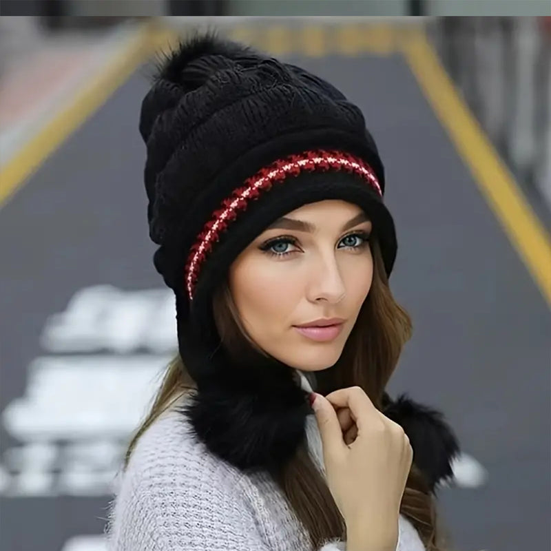 Cozy Knit Fleece-Feel Beanie With Ear Flaps & Pompom Warm Winter Hat For Women Perfect For Skiing & Outdoor Activities CosmikCart