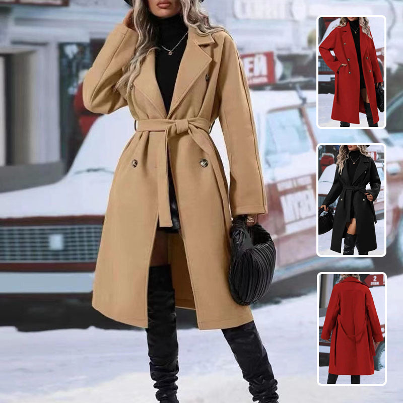 Lapel Double-breasted Trench Coat With Belt Winter Fashion Solid Color Long Jacket Outwear Women Clothing CosmikCart