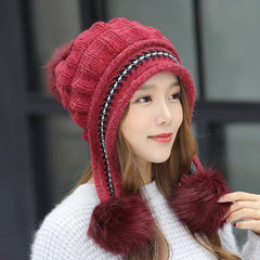 Cozy Knit Fleece-Feel Beanie With Ear Flaps & Pompom Warm Winter Hat For Women Perfect For Skiing & Outdoor Activities CosmikCart