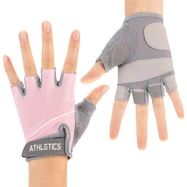 WULI Adult Mens and Womens Spring/Summer Half Finger Gloves Non Slip and Breathable Cycling Riding Shock Absorption Fitness Outdoor Half Finger Gloves (Pink Medium)