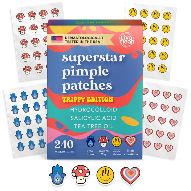 LivaClean 240 CT Superstar Cute Pimple Patches Trippy Edition w/Salicylic Acid & Tea Tree Oil - Pimple Patches Cute Acne Patch for Face Hydrocolloid Acne Patch