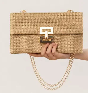 Women's Chain Flap Screw Lock Straw Bag CosmikCart